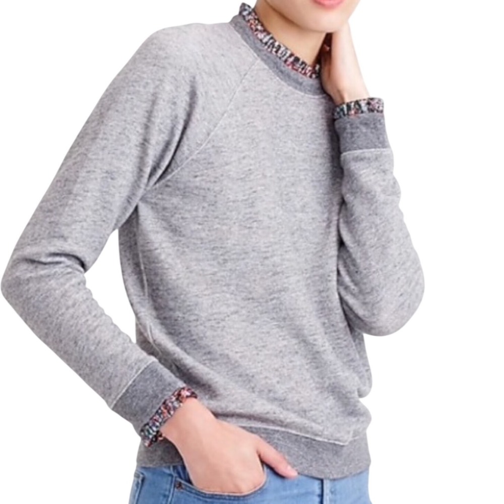 Crew Ruffle Detail Sweatshirt Womens Small Gray Floral Metallic Trim Pullover